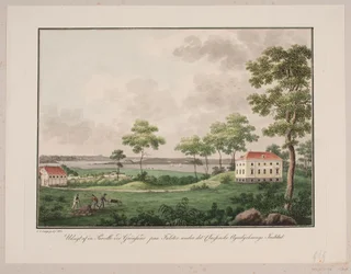 Vista de uma trama por Grønsund em Falster sob o Classensk Agerdyrknings Institute