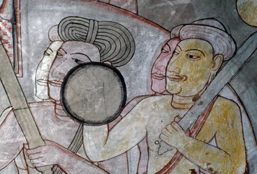 Exército de representação de frescos acompanhando o Rei do Ceilão, Templo Dourado de Dambulla (Património Mundial da Unesco)