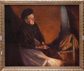 Mulher idosa com fole perto do fogo (óleo sobre tela)