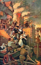 O Grande Incêndio de Londres em 1666, ilustração de «The Story of the British Nation», de Hutchinson, cerca de 1920