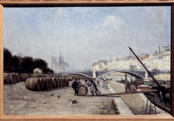 O Sena na Ponte Sully, o porto de vinho, o Quai Saint Bernard. Pintura de Stanislas Lepine (1835-1892). 1882-1885. Dim. 0.15 x 0.23. Coleção Particular