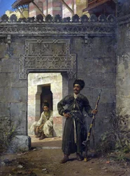 "Les gardes tcherkesses" (Os guardas circassianos) Peinture de Stanislav Khlebovsky (Khlebovski) (1835-1884) - 1880 - Óleo sobre tela Dim 55,5x41,2 cm Colecção privada