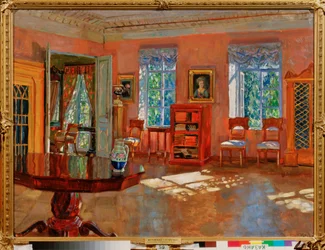 Interior da biblioteca de uma casa senhorial. Pintura de Stanislav Yulianovich Zhukovsky (1873-1944), óleo sobre tela, ca. 1910. Arte russa, século XX, modernismo. Museu Estatal de Arte da República do Tartaristão, Kazan (Rússia).