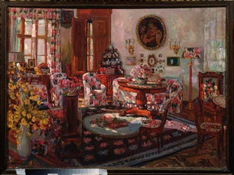 Interieur du manoir Brasov. Peinture de Stanislav Yulianovich Zhukovsky (Joukovski) (1873-1944), huile sur toile