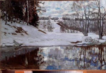 Um rio livre de gelo. Pintura de Stanislav Yulianovich Zhukovsky (Zhukovsky) (1873-1944), óleo sobre tela