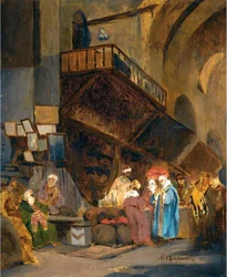 Bazar a Constantinople - Peinture de Stanislaw Chlebowski (1835-1884), orientalisme - Bazar em Constantinople - Óleo sobre madeira por Stanislav Khlebovsky (1835-1884) - 26x21 cm - Colecção privada