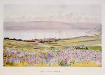 Aquarela de Stanley Inchbold, retratando o Mar da Galileia, na Palestina, 1906