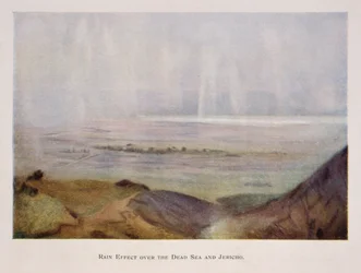 chuva caindo sobre Jericó e o Mar Morto, na Palestina, em 1906