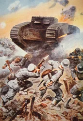 Tanque britânico em ação contra alemães na Frente Ocidental na Primeira Guerra Mundial