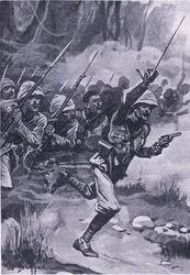 Britânicos atacando o Ashantis no Amoaful, 31 de janeiro de 1874, ilustração das Batalhas Britânicas na Terra e no Mar, 1915