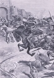 Os 16 Lancers e Skinners Horse dirigindo os Jats em Bharatpur; Dezembro de 1825, ilustração das Batalhas Britânicas na Terra e no Mar, 1915