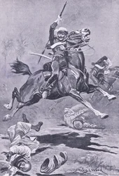 O 9º lanceiros em Delhi, 1857, ilustração de batalhas britânicas em terra e mar, 1915
