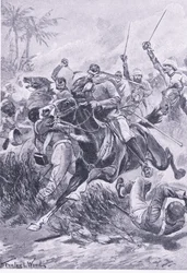 Cavalaria voluntária fora de Lucknow, 30 de junho de 1857, ilustração das batalhas britânicas na terra e no mar, 1915