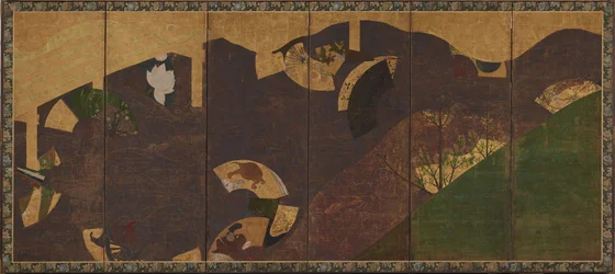 Vinhas de hera, pontes e leques flutuantes, período Momoyama ou Edo, início do século XVII.