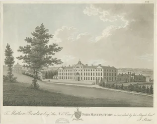 Soho Manufactory: gravura em água-tinta colorida, nd [c 1798] (impressão)