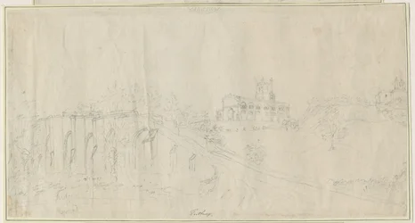 Igreja e Castelo de Tutbury - Vista Nordeste: desenho a lápis, nd [1762-1802] (desenho)