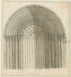 Igreja do Priorado de Tutbury - Arco na Porta Oeste: desenho em caneta e sépia, nd [1762-1802] (impressão)