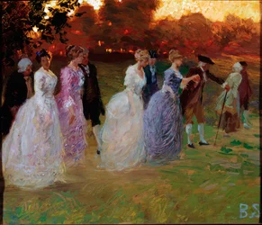O regresso do palácio Jovens elegantes que regressam de um evento mundial (festa ou recepção) (Regresso do palácio) Pintura de Stefano Baghino (1881-1920) genes, Galleria d