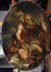 Neptuno (Poseidon) com coroa e tridente representados com monstros marinhos (Neptuno). Pintura de Stefano Torelli (1712-1784). Óleo sobre tela