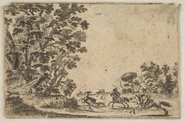 Placa 4: uma caça ao veado, dois cavaleiros galopando em direção à direita atrás de três cães e ..., depois de 1642. Criadores: Stefano della Bella, Desconhecido.