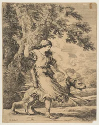 Uma Ninfa segurando um cão grande pela coleira, ca. 1654.