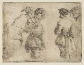 Um poste conduzindo um cavalo pelo freio e conversando com dois outros homens, ca. 1662