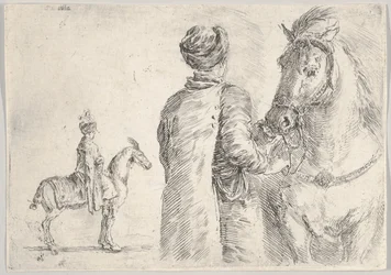 Um criado polonês, visto de trás, segurando a rédea de um cavalo à direita, um cavalo polonês..., ca. 1662.