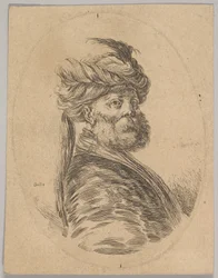 Um turco de barba e turbante com uma longa pena na frente, virou três quartos..., 1650.