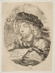 Um busto de um jovem de boné com penas virou três quartos para a esquerda, em 1650.