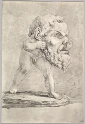 Uma criança usando uma máscara grande e inserindo a mão pela boca, ca. 1660