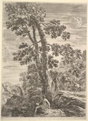 Um pescador no centro de frente para a esquerda e encostado a uma árvore grande, uma mulher caminhando ..., ca. 1652-57.