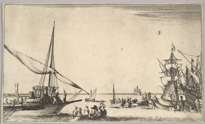 Uma galera chegando ao porto à esquerda, vários barcos a remos no centro, navios no porto à direita, de ..., 1639.