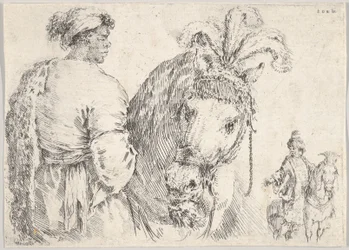 Um homem à esquerda de perfil dando um punhado de feno a um cavalo ao centro, um cavaleiro a..., ca. 1662.