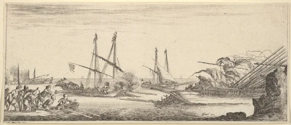 Uma batalha naval, um barco a remos cheio de homens para a esquerda, um navio afundando para a direita, duas galeras ba ..., ca. 1641