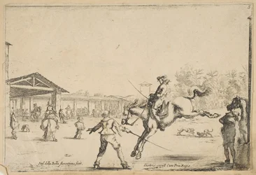 Uma escola de equitação, um cavaleiro com salto de espada dirigido por outro homem com uma espada em ..., ca. 1645