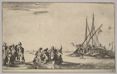 Um barco a remos cheio de homens no centro, um grupo de homens em pé na praia à esquerda, um navio cheio de ..., 1639.