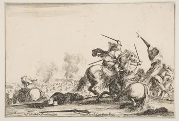 Uma escaramuça, dois cavaleiros lutando com espadas para a direita, homens carregando uma bandeira correndo ..., ca. 1645