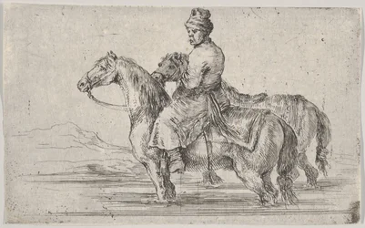Um manobrista levando dois cavalos para tomar banho, sentado em cima de um cavalo em um rio, o outro ao lado..., ca. 1662.