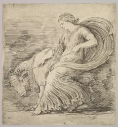 Uma mulher de perfil puxando uma corda amarrada em torno dos chifres de um touro jovem, ca. 1660