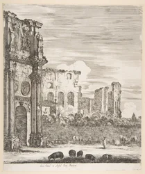 Arco de Constantino e Coliseu com ovelhas a pastar em primeiro plano, de «Seis grandes vistas, quatro de Roma e duas da Campagna Romana» (Seis grandes vistas, das quais quatro de Roma e duas da Campagna Romana)