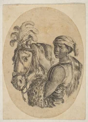 Um escravo negro transporta uma pele de leopardo e segura a rédea de um cavalo, de Várias cabeças ..., 1649-50