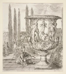 Rapaz desenhando o vaso Medici em um jardim italiano