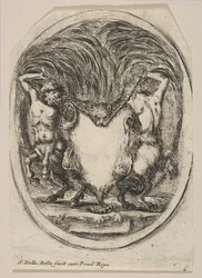 Cartela formada por uma pele de tigre ladeada por dois centauros, 1647.