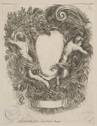 Cartouche emoldurado por Apollo e Pan, 1647.