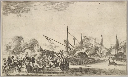 Combate entre vários barcos a remos e navios, dois grupos de homens em barcos a remos lutando para a esquerda ..., 1639.