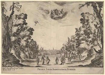 Primeira cena, em Florença, de O casamento dos deuses Le nozze degli Dei, 1637.