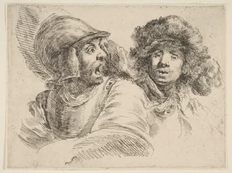 Soldado assustado e um homem com um chapéu de pele, ca. 1652