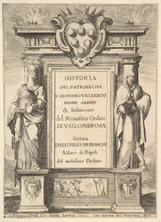Frontispício: um monumento decorado com o brasão de armas Medici no topo no centro, arde um ..., 1640.