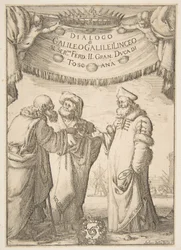 Frontispício para o diálogo de Galileo Galilei, 1632.