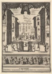 Frontispício da comédia The Buffoons Li Buffoni, um cenário no palco que lembra um pu ..., 1639-41.